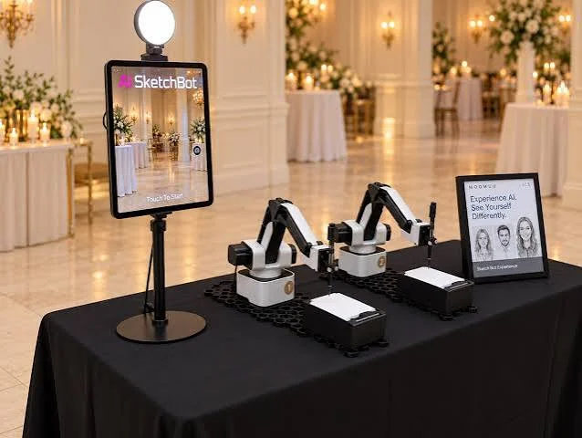 AI Sketch Bot with a touch screen and two robotic arms on a table in an elegant ballroom