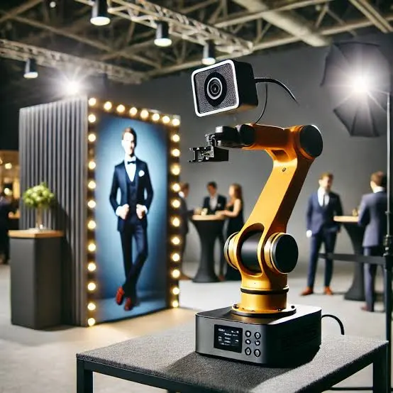 Orange robotic camera arm beside a lit backdrop at a branded corporate event