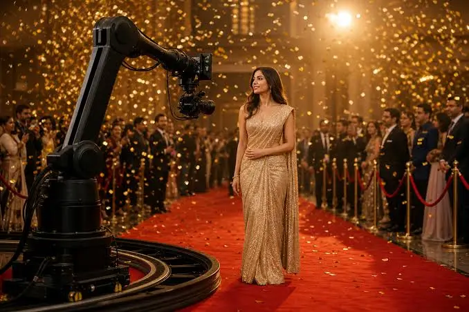 Woman in a gold sari on a red carpet filmed by a robotic arm camera under falling gold confetti